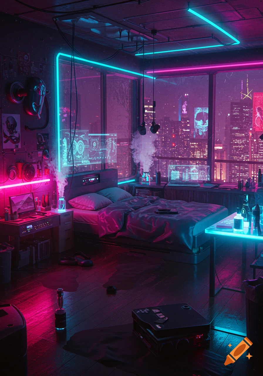 A moody cyberpunk bedroom at night, illuminated by glowing blue and pink neon lights, with a city skyline visible through large windows.