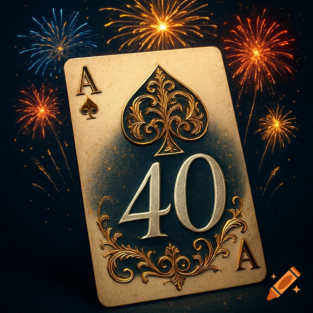 An elegant Ace of Spades playing card with a golden '40' and ornate details, set against a backdrop of colorful fireworks.