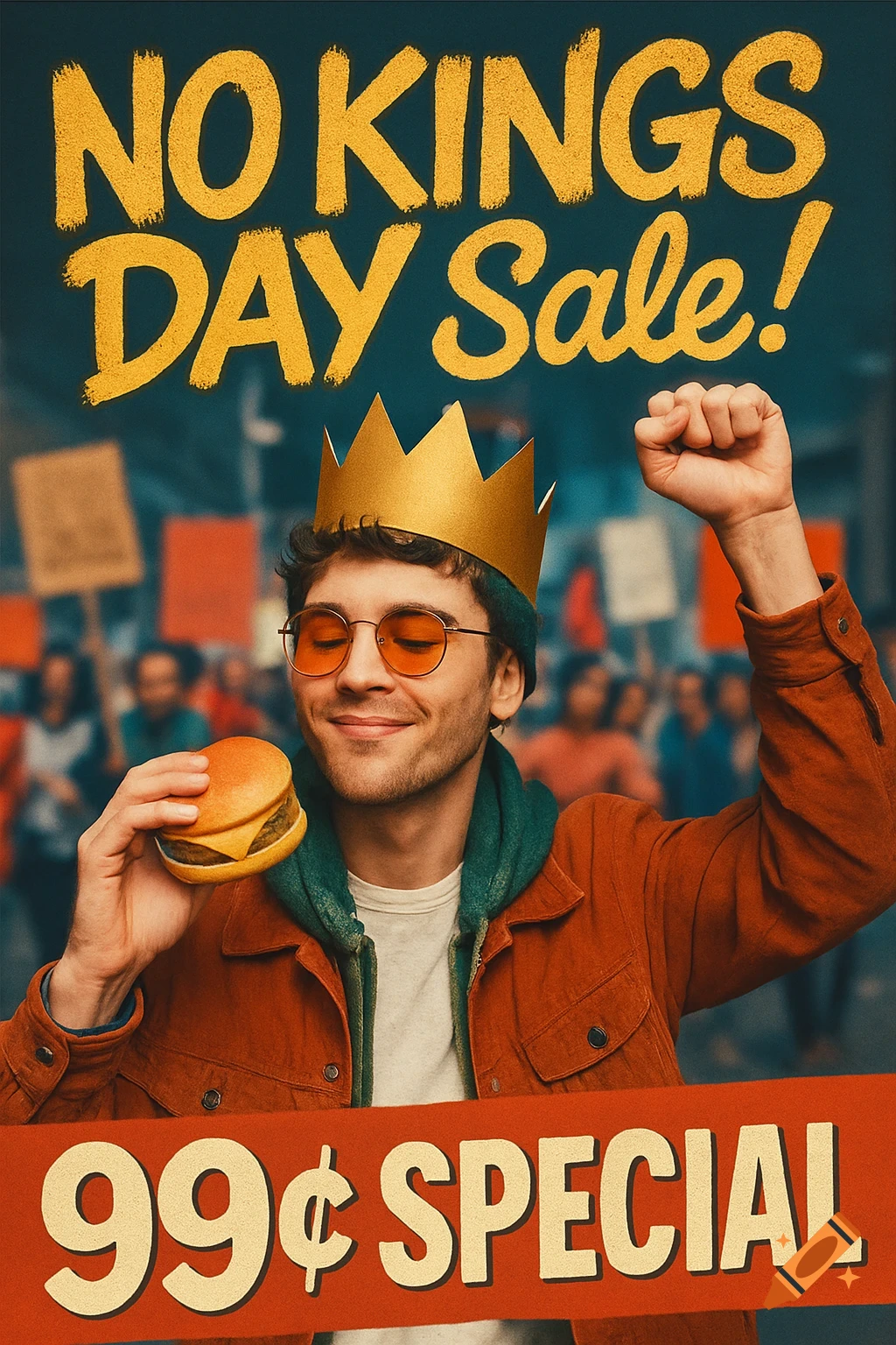 Man in paper crown eats burger with raised fist at protest. Ad text: 'NO KINGS DAY Sale! 99 Special'.