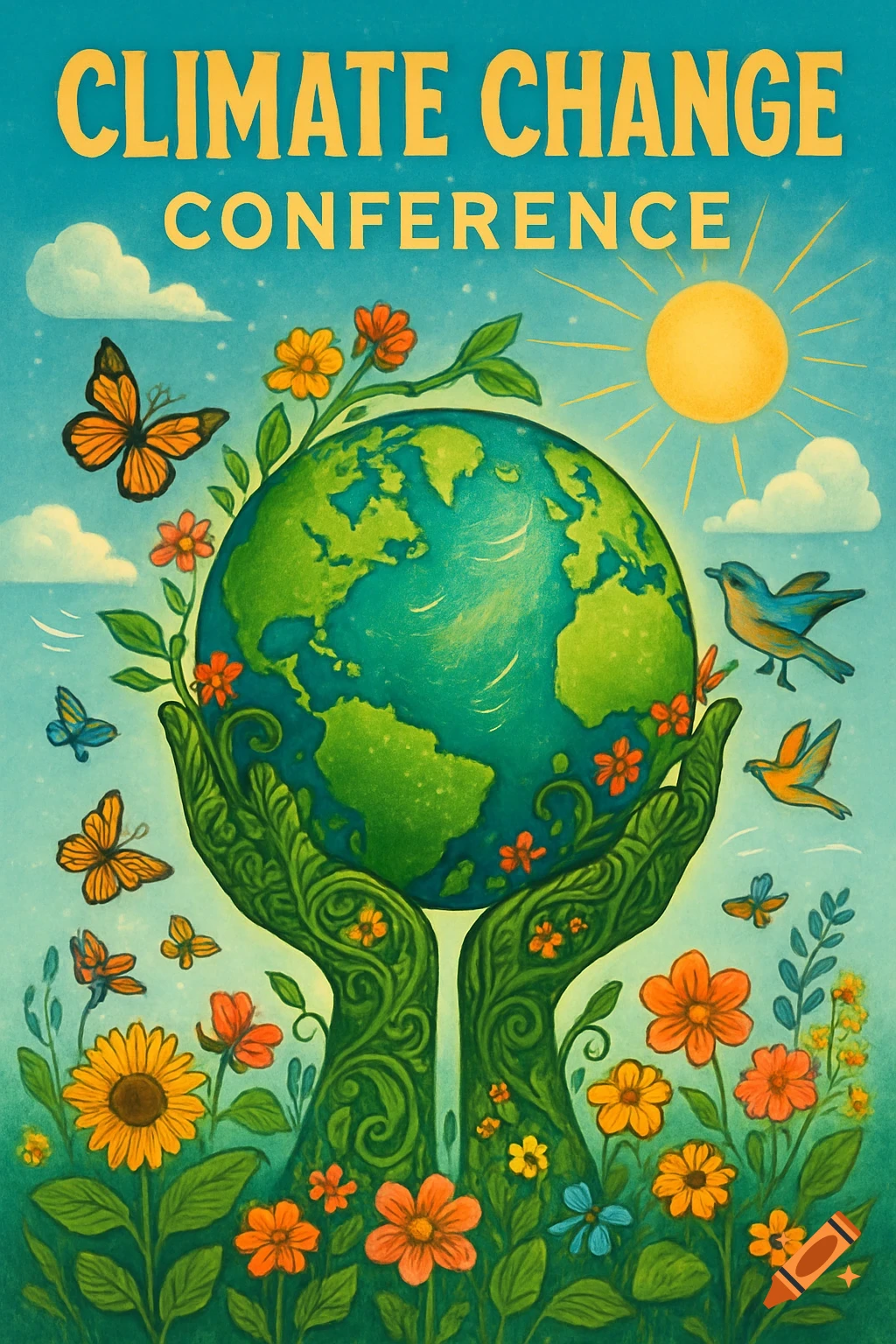 Illustrated poster for a climate change conference, featuring the Earth held by leafy hands, surrounded by nature.