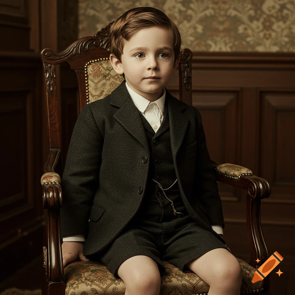 Photorealistic portrait of a young boy with brown hair in a dark suit and shorts, sitting on an ornate chair, resembling an 1888 photo.