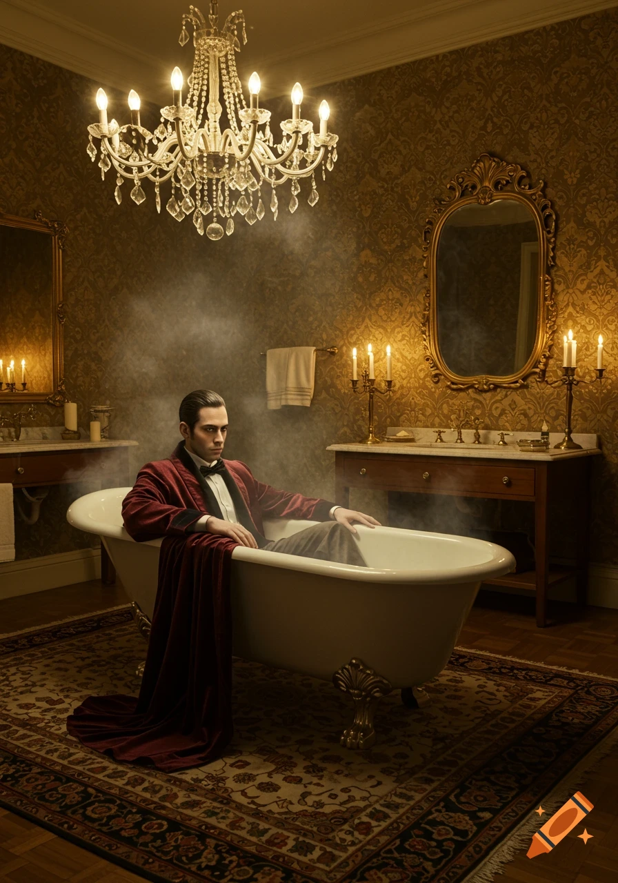 A man in a red velvet robe sits in a bathtub in a luxurious, gold-patterned bathroom with chandeliers and mirrors.