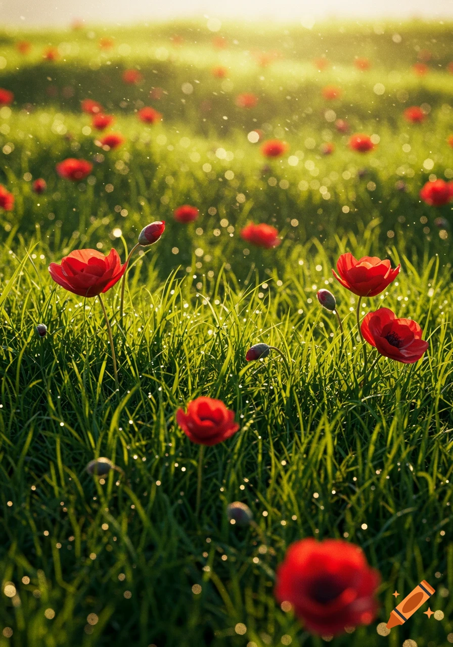 Red flowers in a sunlit green grassy field with glistening dew drops and bokeh effect.