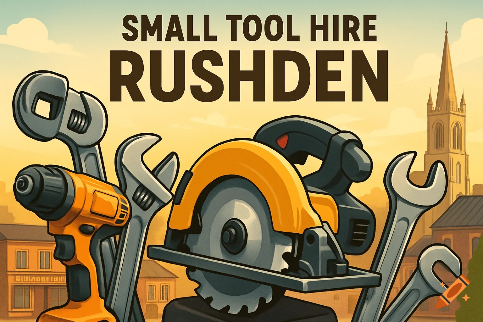An illustration featuring a drill, wrenches, and a circular saw in the foreground, with buildings and a church steeple in the background. The text reads "SMALL TOOL HIRE RUSHDEN".