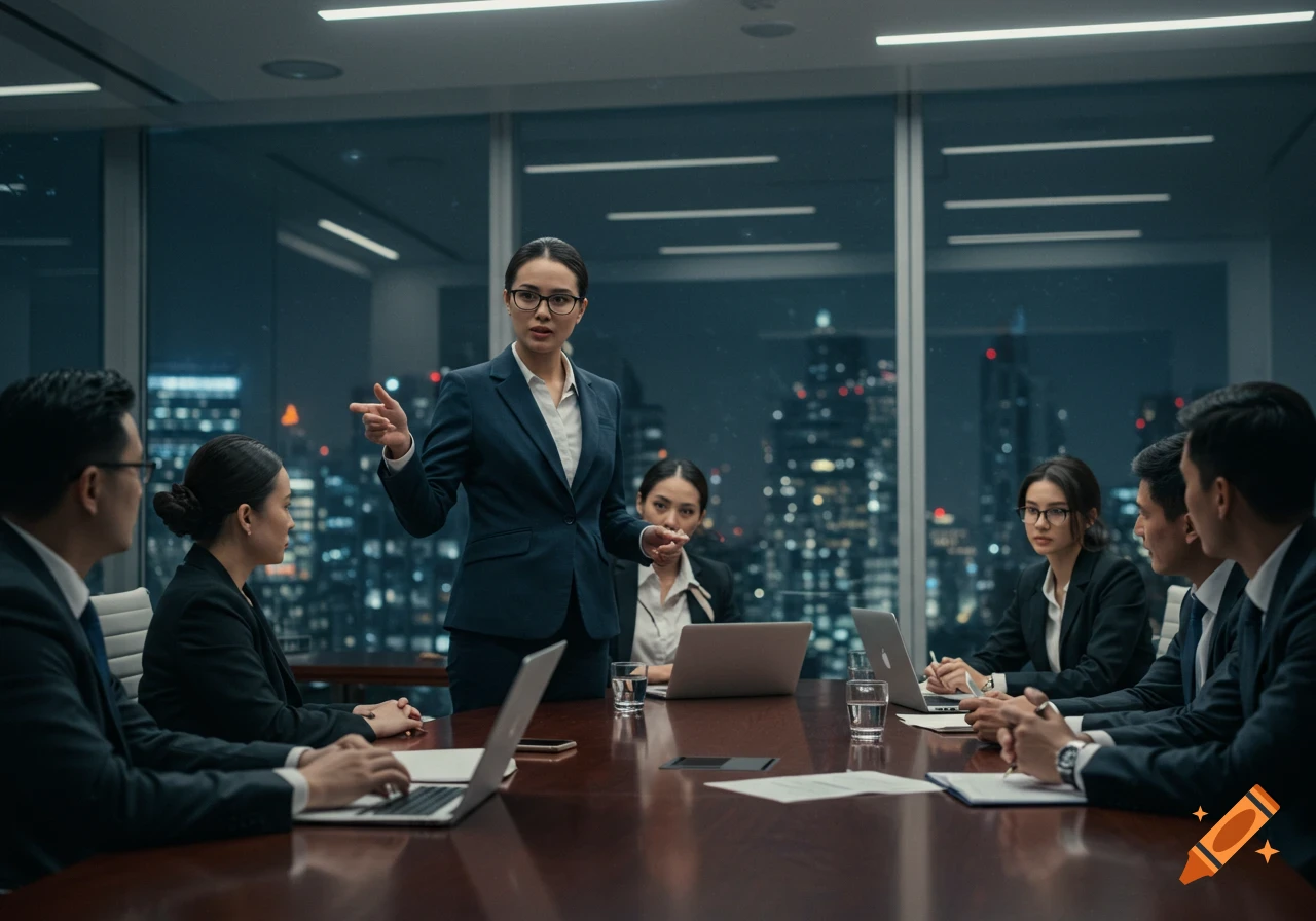 Photorealistic image of a woman in a suit leading a business meeting in a modern office at night, cityscape visible through windows.