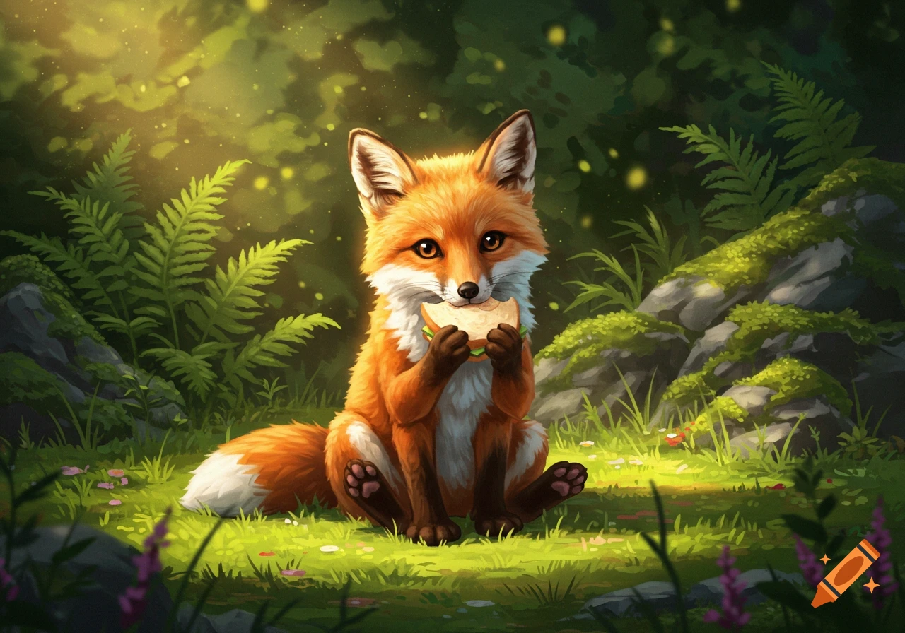 A cute, furry fox sits in a sunlit forest clearing, holding and eating a sandwich. Digital illustration.