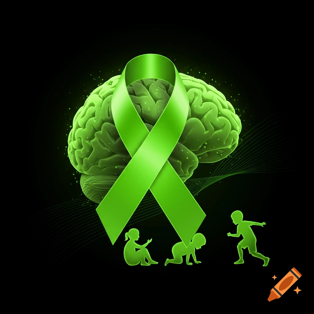 A glowing lime green brain with a matching awareness ribbon wrapped around it, alongside three lime green children silhouettes on a black background.
