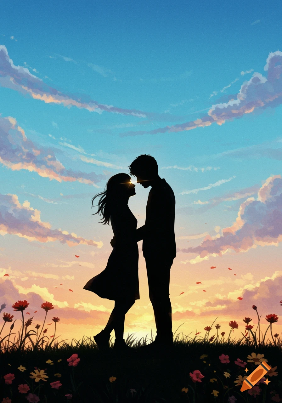 Silhouettes of a couple embracing against a vibrant sunset sky, with flowers and grass in the foreground.