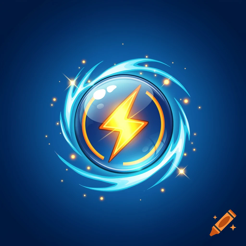 A stylized lightning bolt icon inside a glowing bubble, surrounded by blue swirling energy and sparks on a dark blue background.