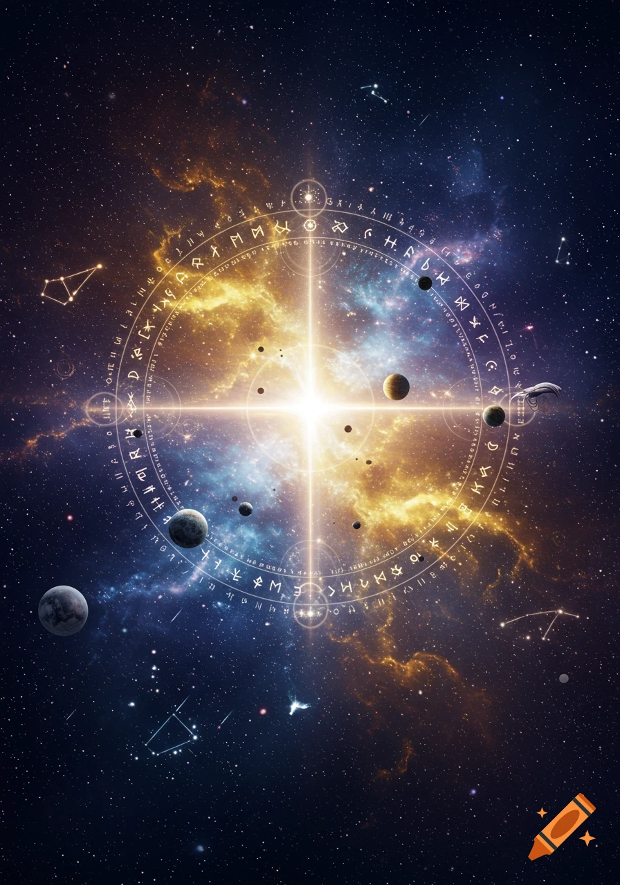 A vibrant cosmic scene featuring a bright central light cross, an astrological or alchemical circle with mystical symbols, planets, and nebulae.