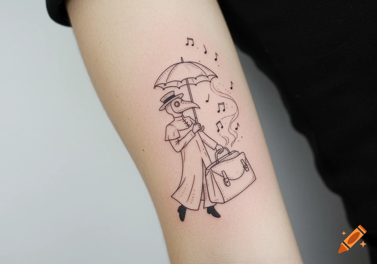 A delicate fine line tattoo on an arm depicts a whimsical plague doctor holding an umbrella, with musical notes emanating from a briefcase.