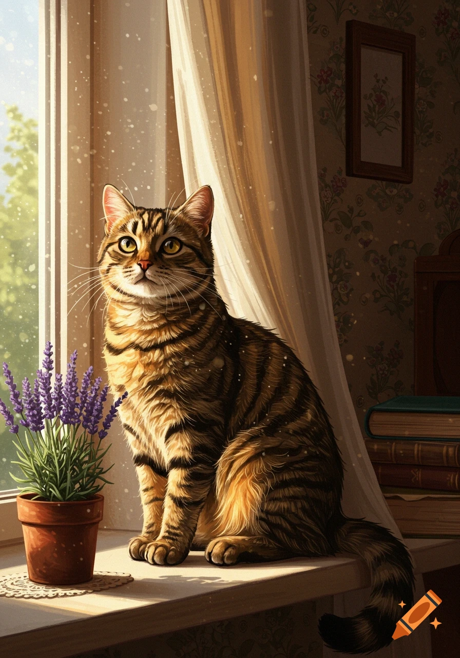 An illustration of a tabby cat sitting on a sunlit windowsill next to a potted lavender plant.
