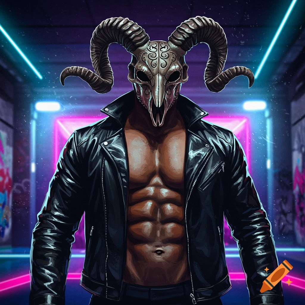 A muscular figure in a black leather jacket and a ram skull mask stands in a neon-lit urban alley.