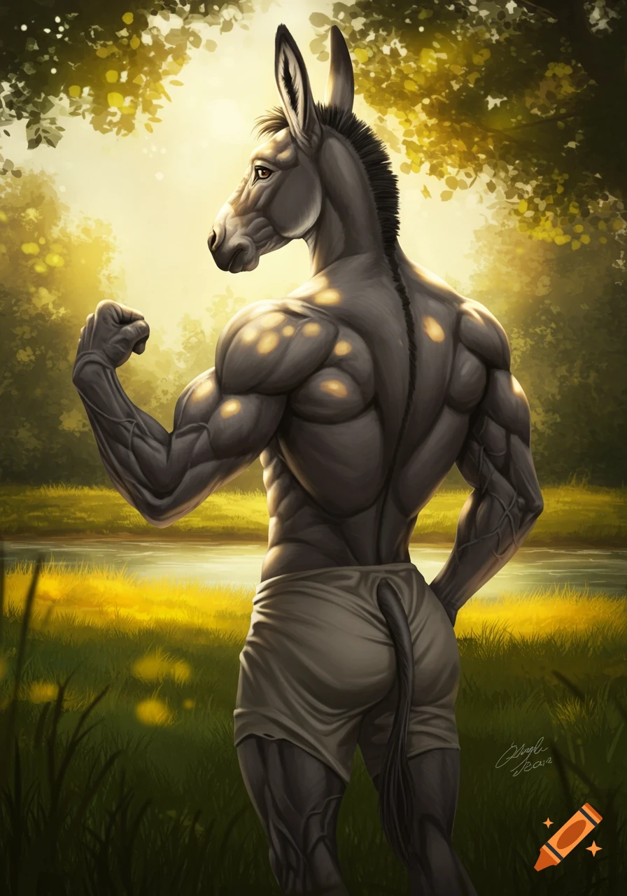 A muscular anthropomorphic donkey wearing shorts stands in a sunlit forest, flexing its bicep.