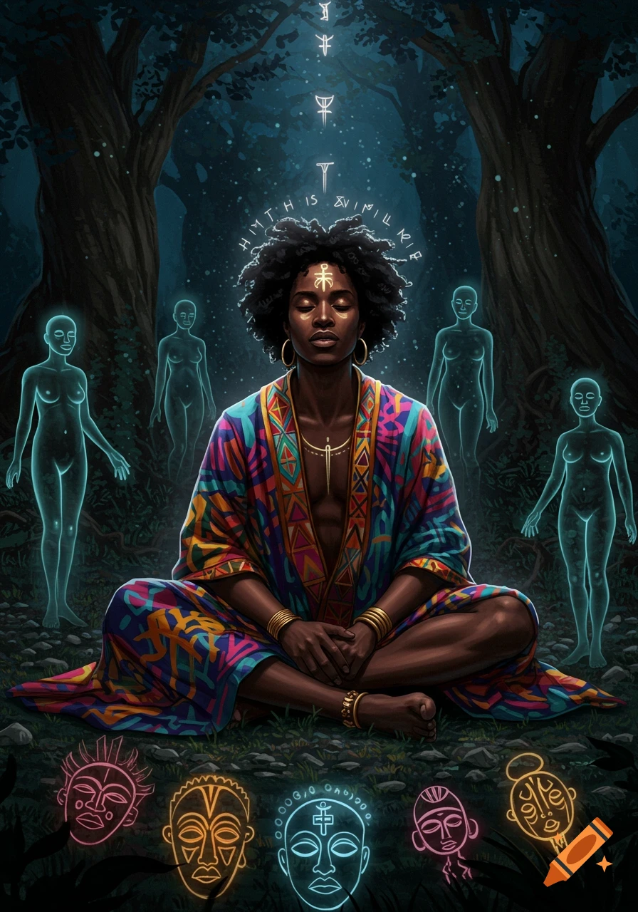 A Black person meditates in a dark forest, surrounded by glowing spirit figures and symbolic masks.