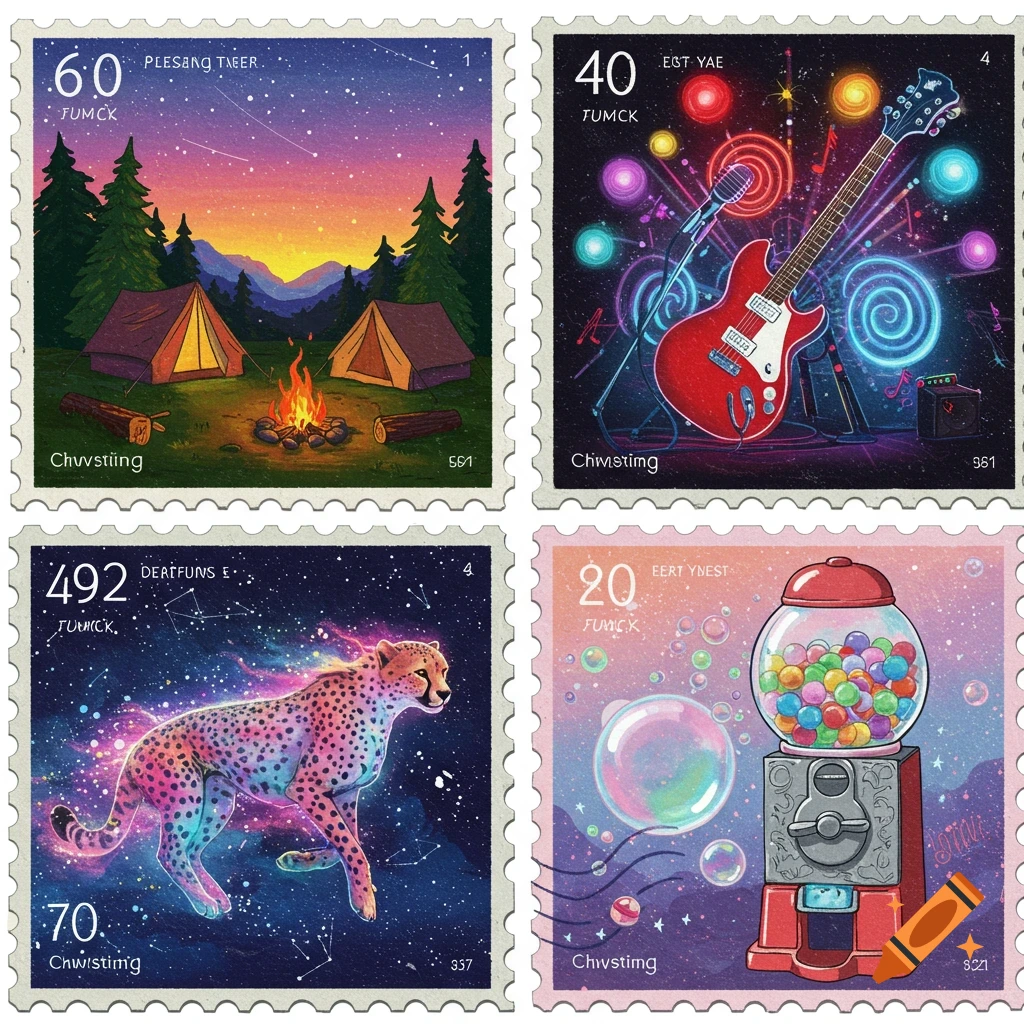Four colorful postage stamps featuring a camping scene, an electric guitar, a cheetah in space, and a gumball machine.