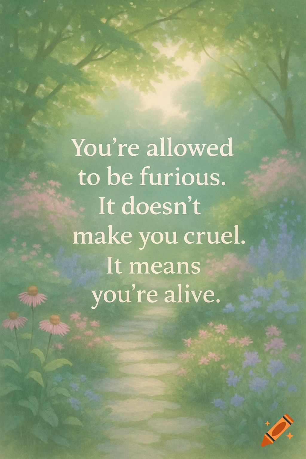 A serene, misty forest path with trees and pink and purple flowers, featuring an overlaid quote: 'You're allowed to be furious. It doesn't make you cruel. It means you're alive.'