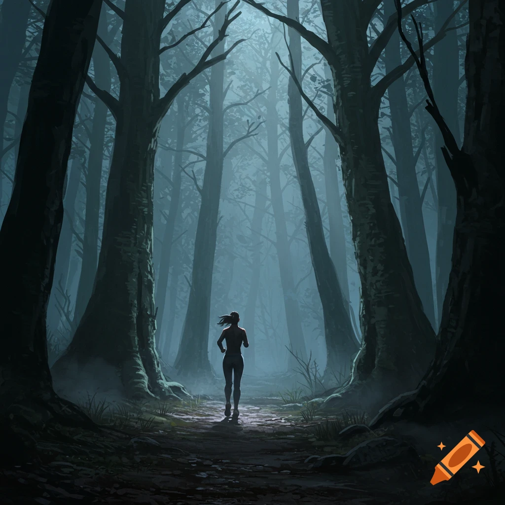 A woman jogs away from the viewer on a path through a dark, misty forest with tall, ominous trees and light coming from above.
