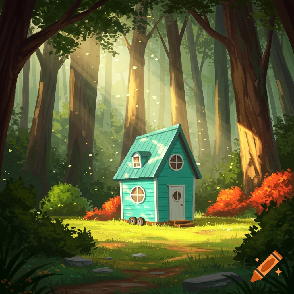 A teal tiny house in a vibrant, sunlit forest clearing with tall trees and lush greenery, in an illustrated style.