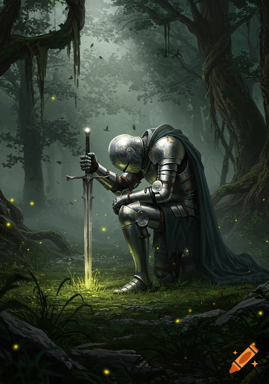 A knight in full armor kneels with a glowing sword in a dark, misty forest filled with fireflies.