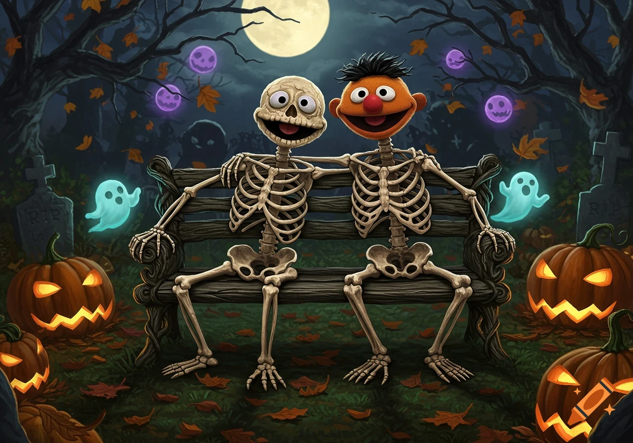 Skeletal Bert and Ernie sit on a bench in a spooky Halloween graveyard with glowing jack-o'-lanterns, ghosts, and a full moon.
