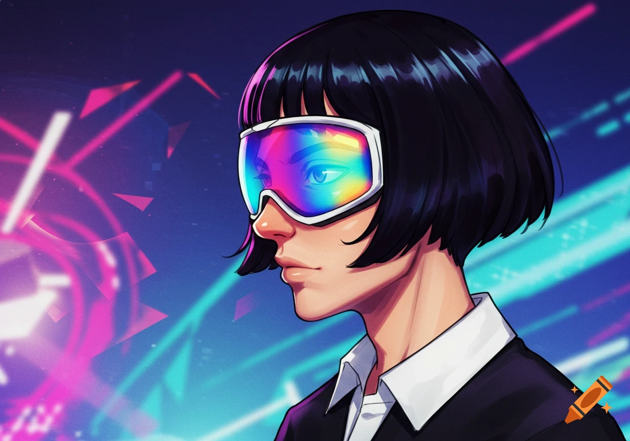 An anime-style person with black bob hair and rainbow ski goggles, wearing a black shirt over a white one, against a vibrant neon background.