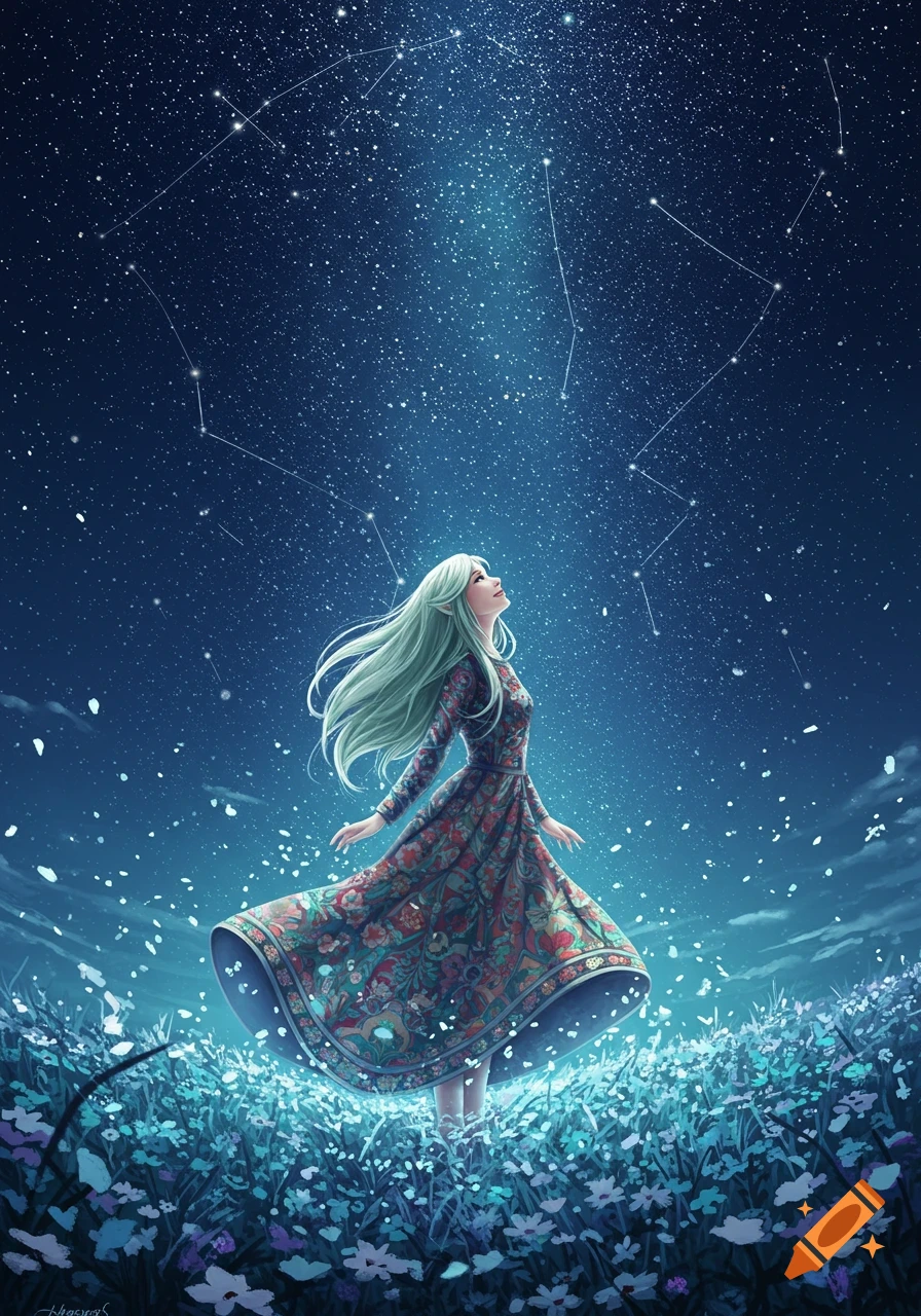 An ethereal woman with flowing light green hair and elf-like ears looks up at a brilliant starry night sky from a field of glowing blue and purple flowers.
