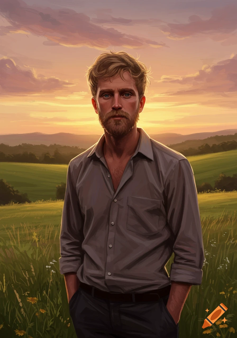 Painting of a bearded man with curly hair standing in a grassy field against a sunset sky with hills in the background.