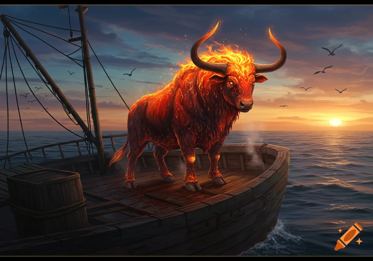 A powerful, fiery orange ox with glowing eyes stands on a wooden fishing boat at sea during a vibrant sunset.