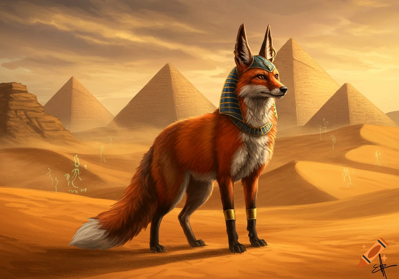 A fox wearing an Anubis-style headdress and armbands stands in a desert with pyramids under a sunset sky.