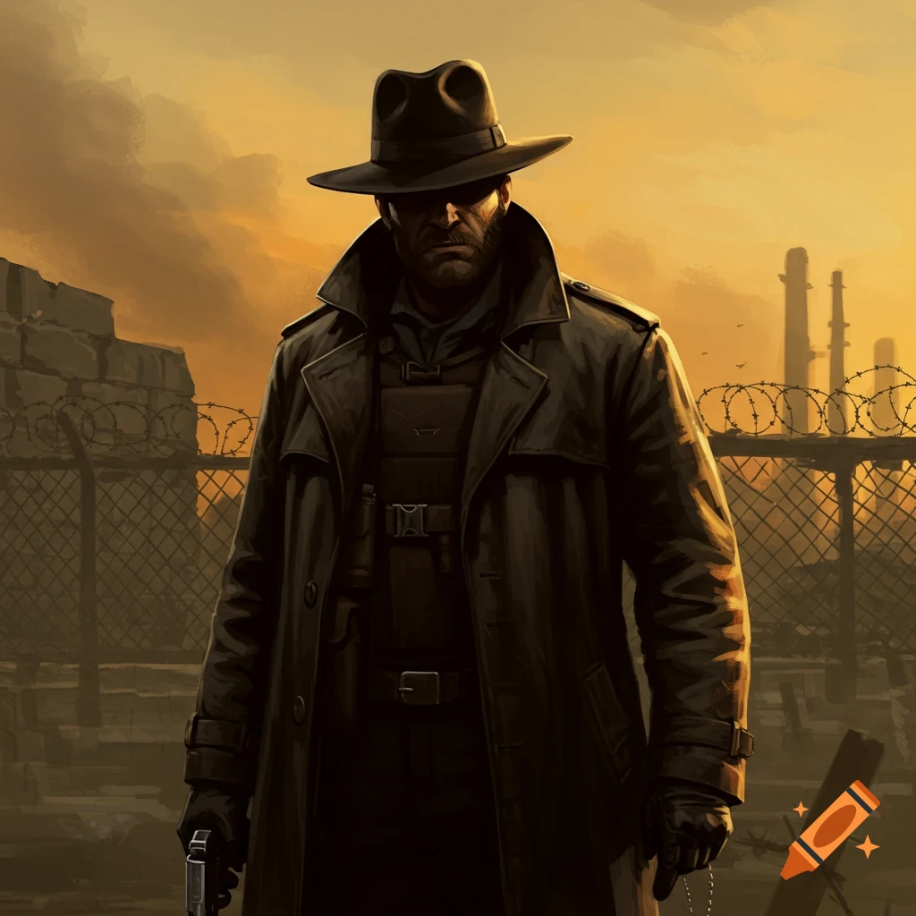 Stern man in trench coat and fedora with pistol against industrial sunset backdrop, stylized art.