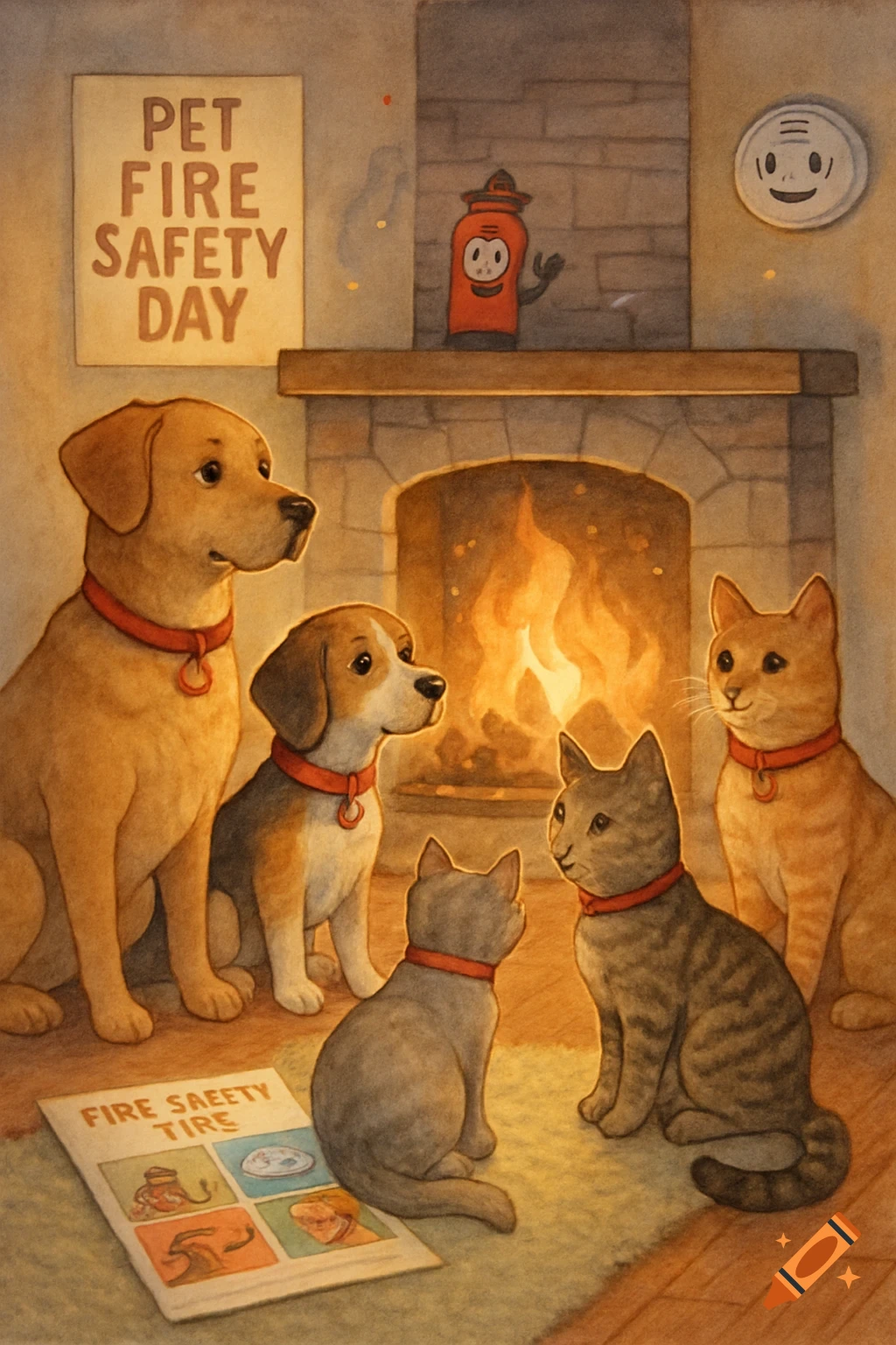 A golden retriever, a beagle puppy, and three cats sit in front of a cozy fireplace. A sign above says "PET FIRE SAFETY DAY" and a book titled "FIRE SAEETY TIRE" is on the floor.