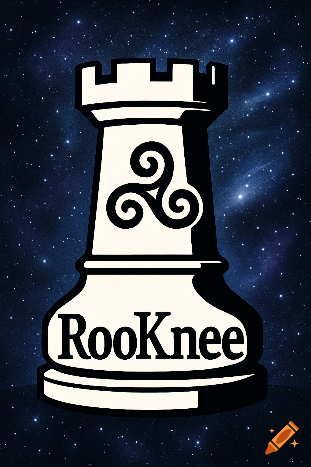 A stylized black and white chess rook with a black triskelion symbol and the word "RooKnee" on it, set against a dark blue starry galaxy background.