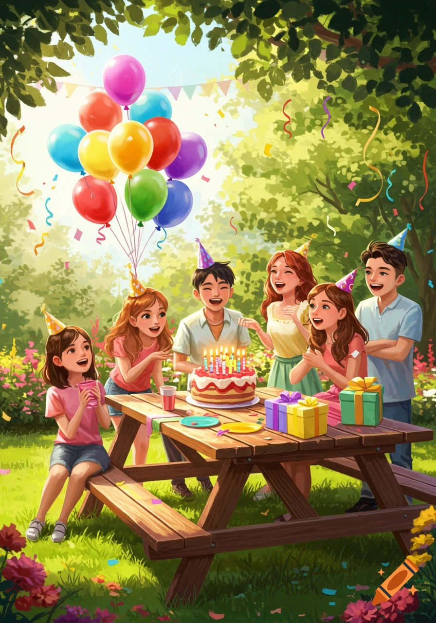 A colorful illustration of a family celebrating a birthday outdoors with cake, balloons, and presents.