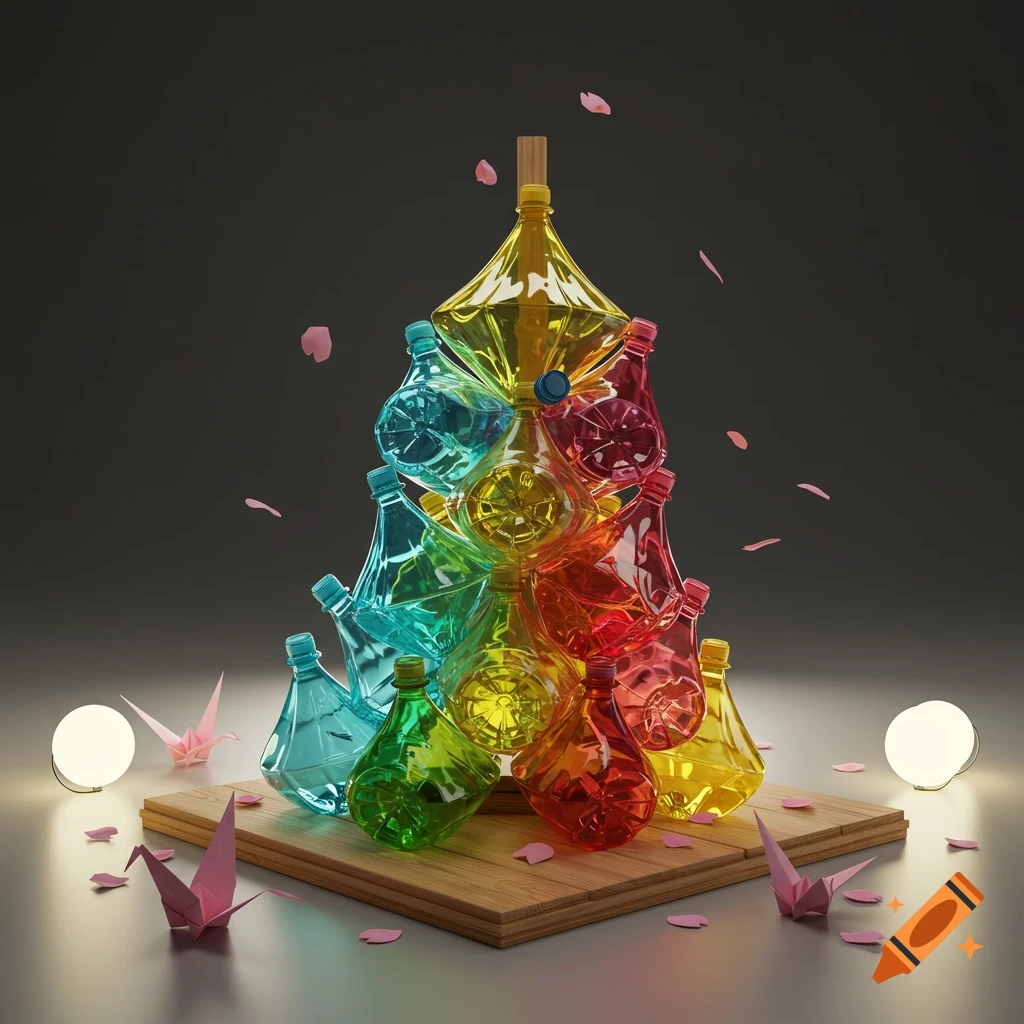 A colorful sculpture made of stacked translucent plastic bottles, with paper cranes and petals on a wooden base, lit by glowing orbs.