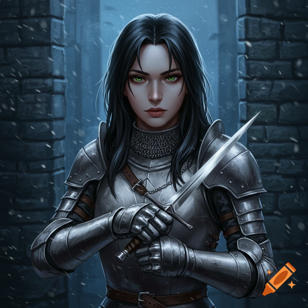 A dark-haired woman with green eyes, dressed in gleaming knight's armor, holds a dagger in a snowy, stone hallway.