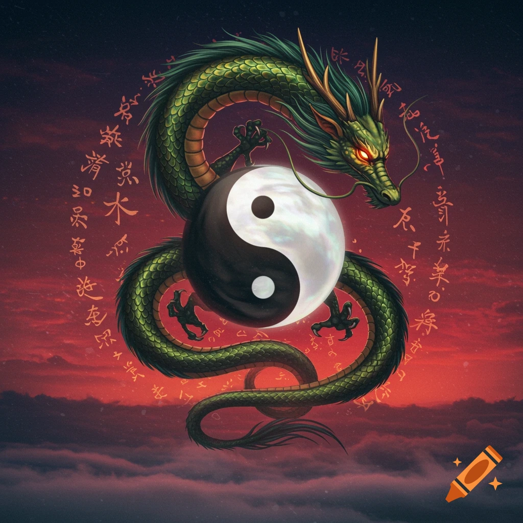 A green Chinese dragon coils around a large black and white yin-yang symbol against a dark red sky, surrounded by stylized characters.