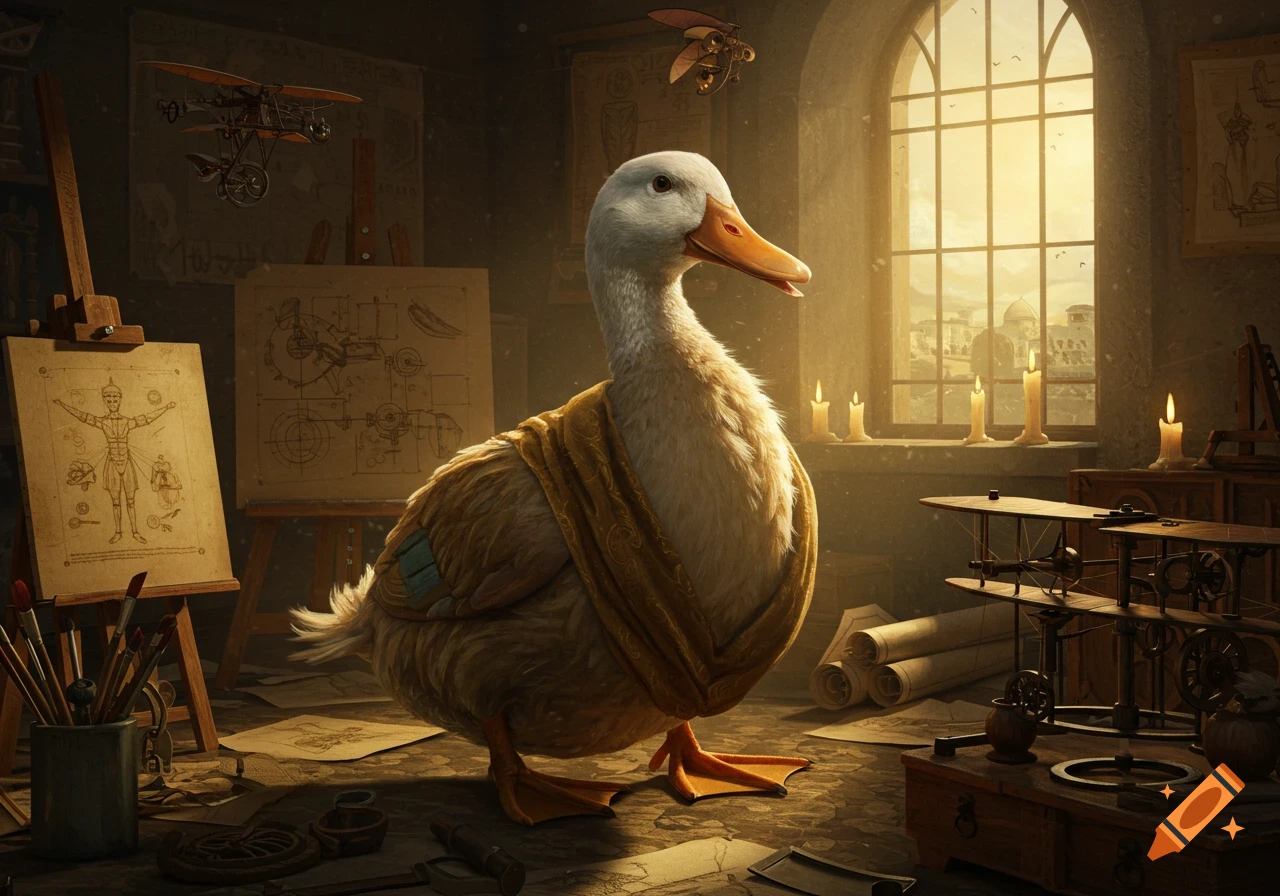 A large white duck, wrapped in a golden cloth, stands in an old inventor's workshop filled with blueprints, easels, painting supplies, and models of flying machines. Sunlight streams through a tall window.