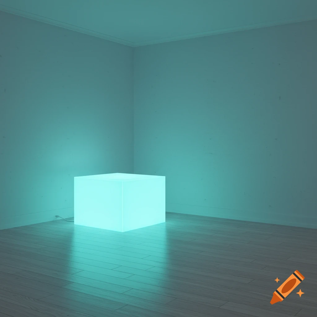 A glowing cyan cube sits in a minimalist room with wooden floors and white walls, bathed in soft light.