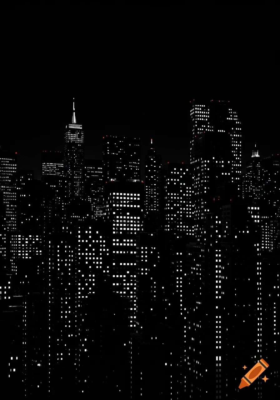 A stark, high-contrast silhouette of a city skyline at night, with numerous illuminated windows creating a grid pattern.