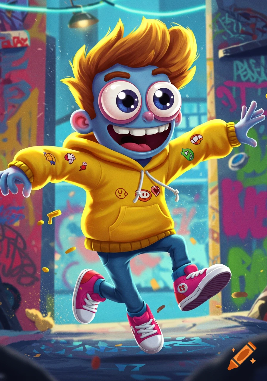 A vibrant, big-eyed blue cartoon boy with yellow hair happily runs through a graffiti-covered street, wearing a yellow hoodie, blue pants, and pink shoes.
