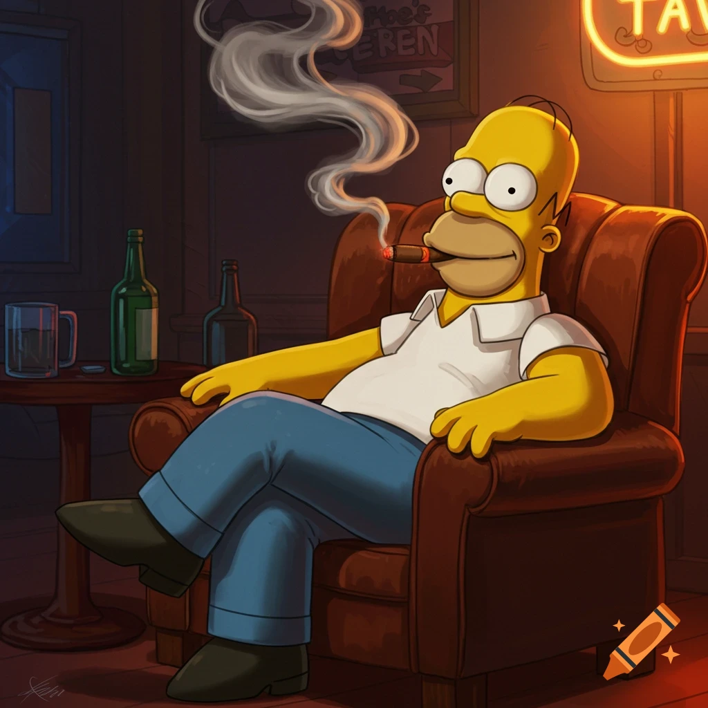 Homer Simpson sits in a brown armchair, smoking a cigar in a dimly lit bar.