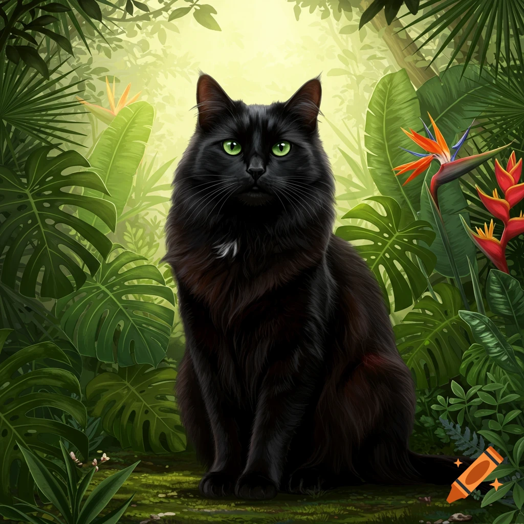 A majestic black cat with striking green eyes sits calmly amidst lush green tropical foliage and colorful exotic flowers.