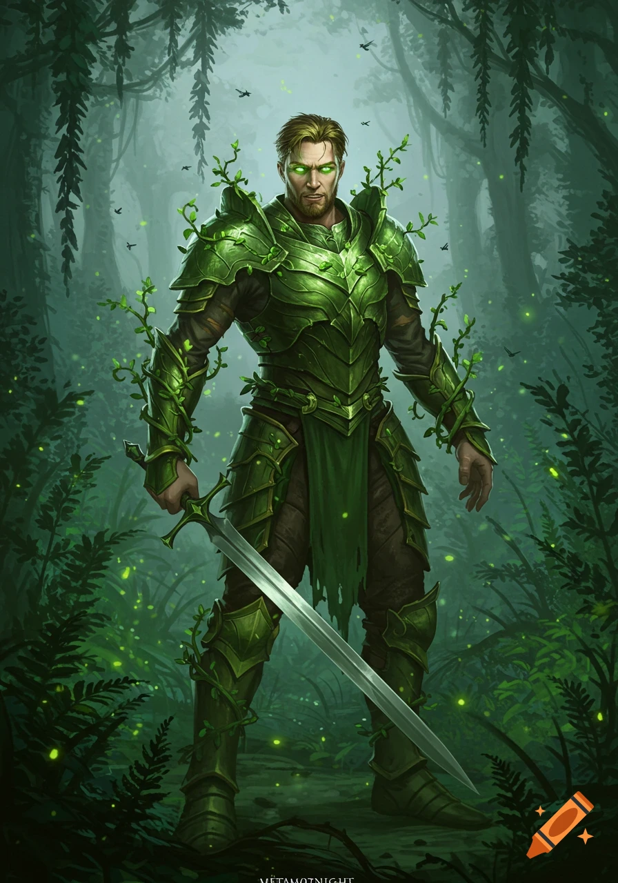 A man in green leaf armor with glowing eyes stands in a dense, magical forest, holding a sword.