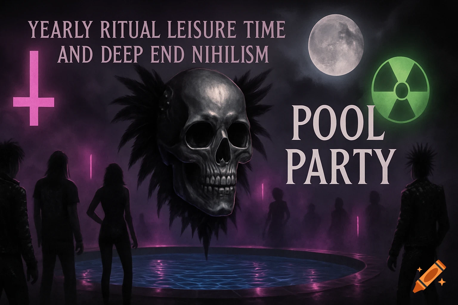 An ominous, dark fantasy pool party invite with an inverted cross, skull, and glowing text against a night sky with a full moon.