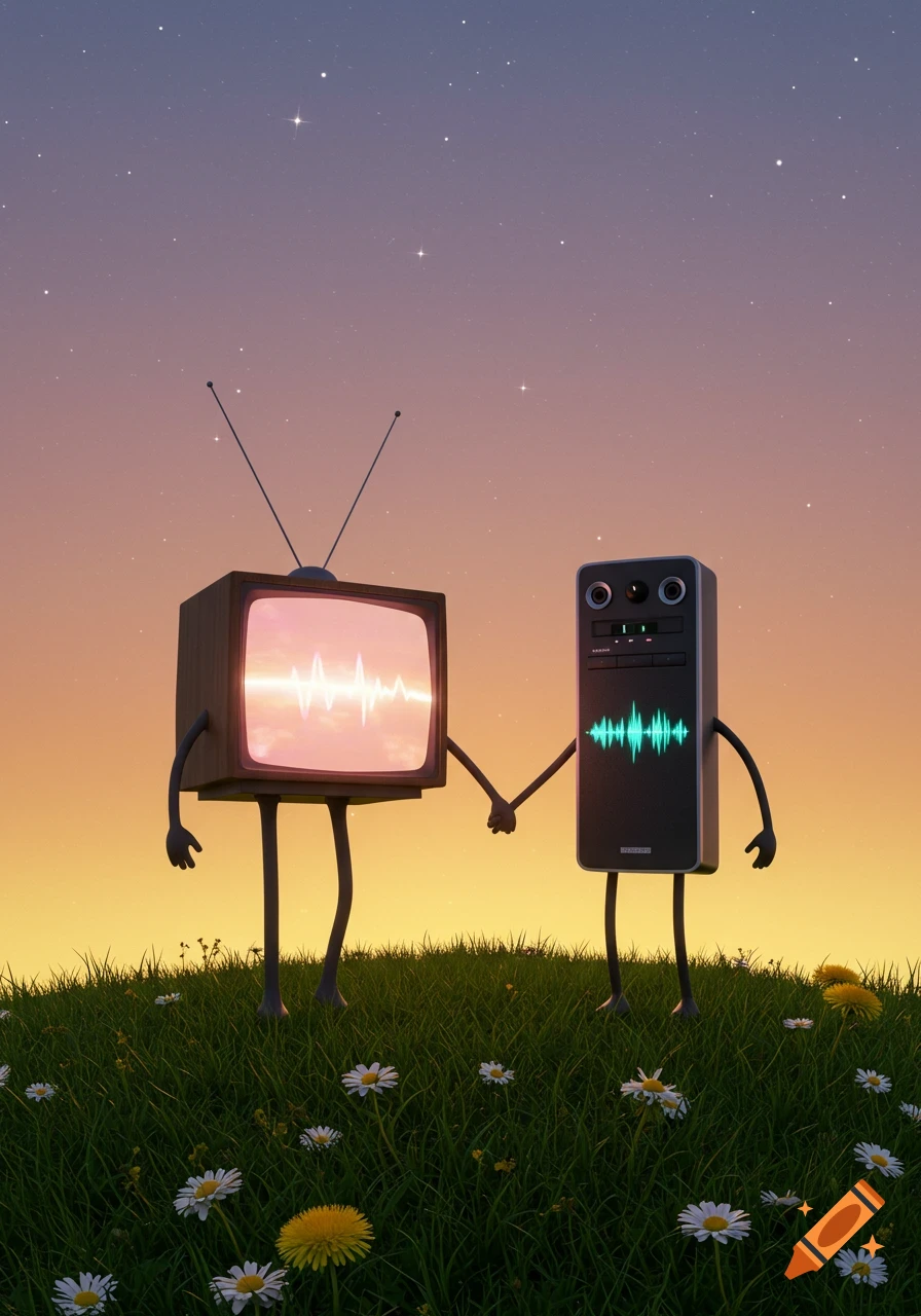 A cute 3D render of an anthropomorphic vintage TV and sound bar holding hands on a grassy hill under a starry sunset sky.