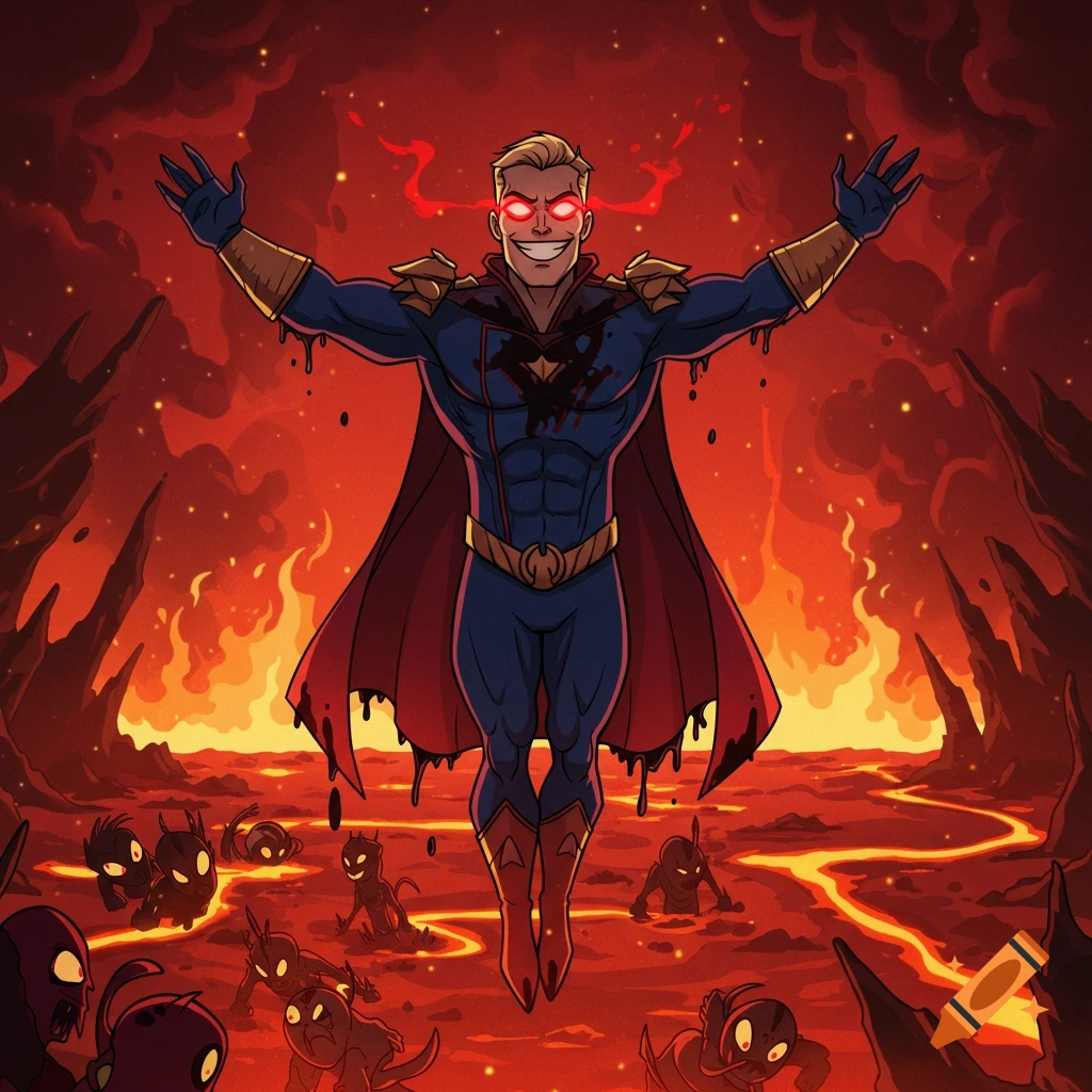 A cartoon Homelander with red laser eyes and a confident smirk, arms outstretched, floats above a fiery hellscape with small demons.