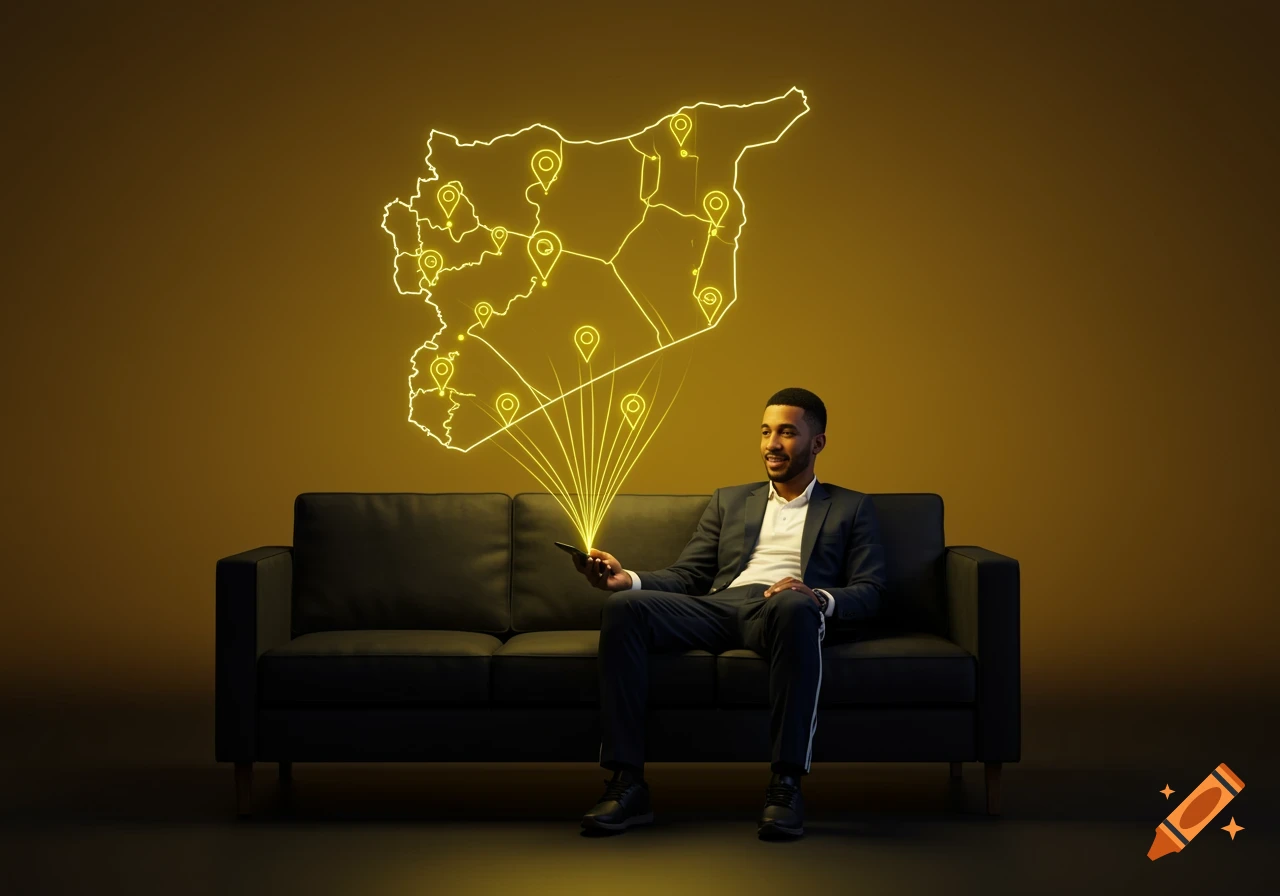 A man sits on a black sofa, projecting a glowing holographic map of Syria with location pins from his smartphone.