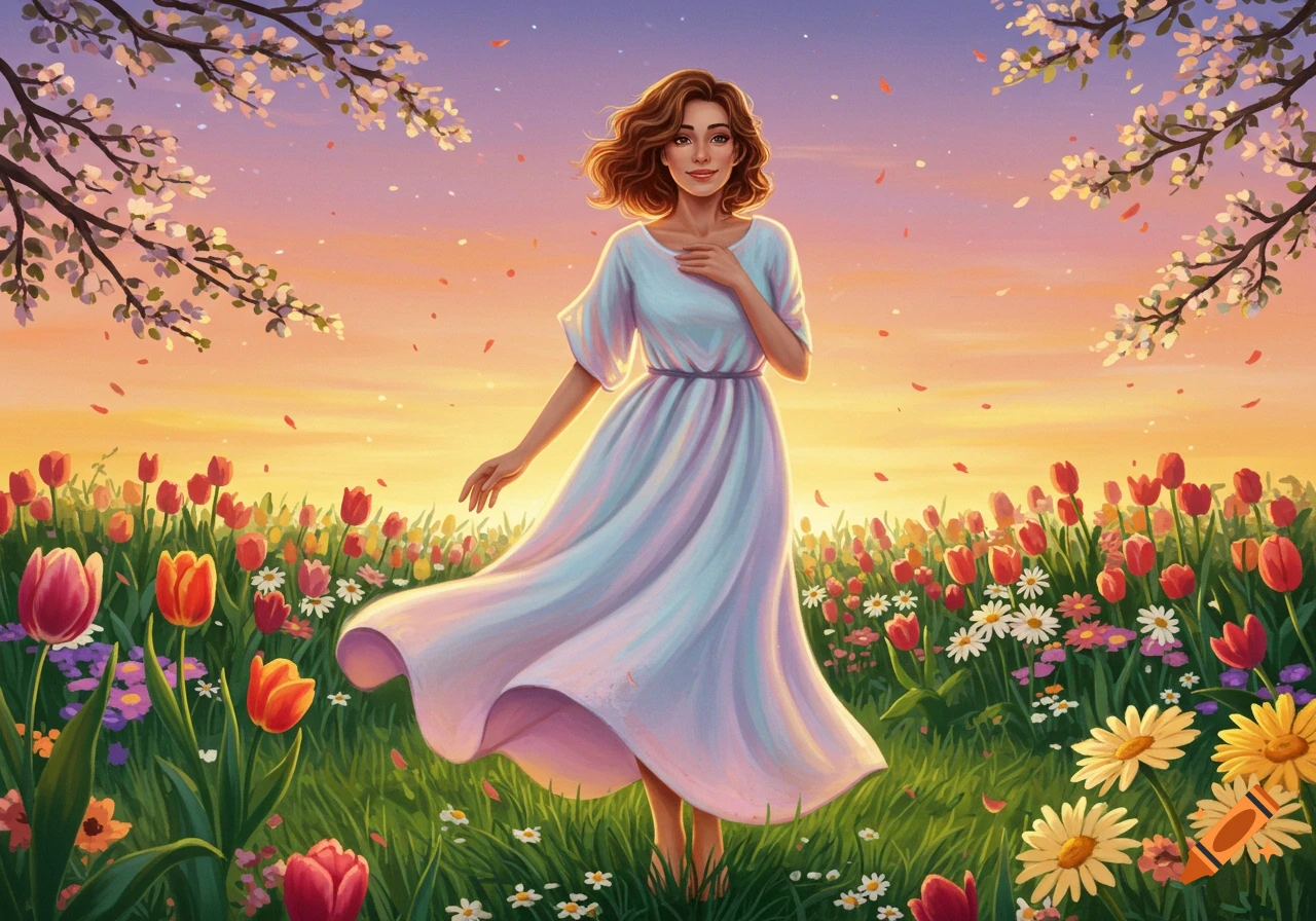 A woman in a white dress stands in a field of colorful tulips and daisies with cherry blossoms overhead at sunset.