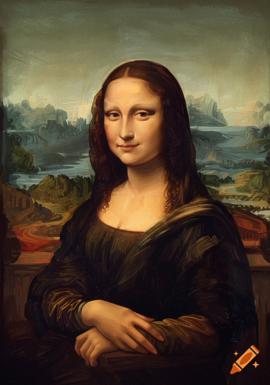 A painted portrait of a woman resembling the Mona Lisa, with a slight smile, against a landscape background.
